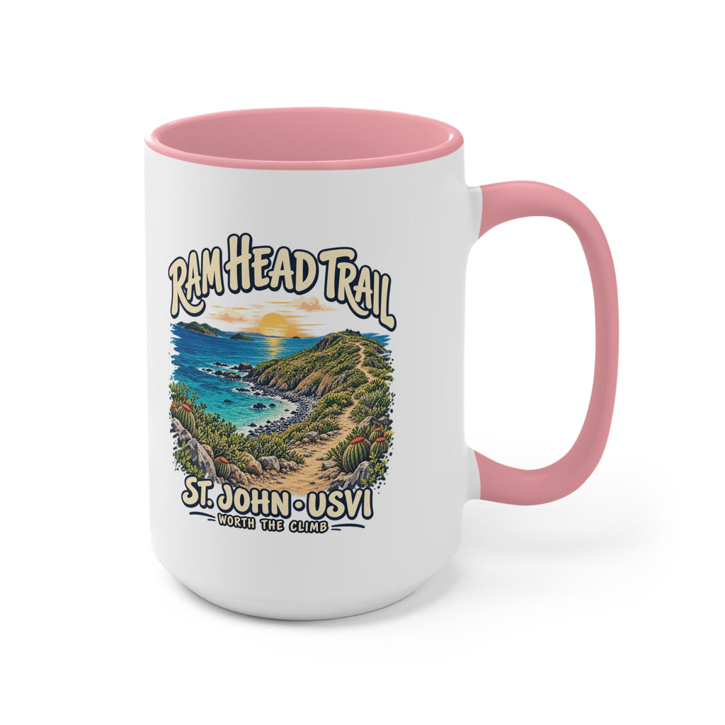 Ram Head Trail St John USVI coastal artwork on the printed side of a ceramic accent coffee mug.