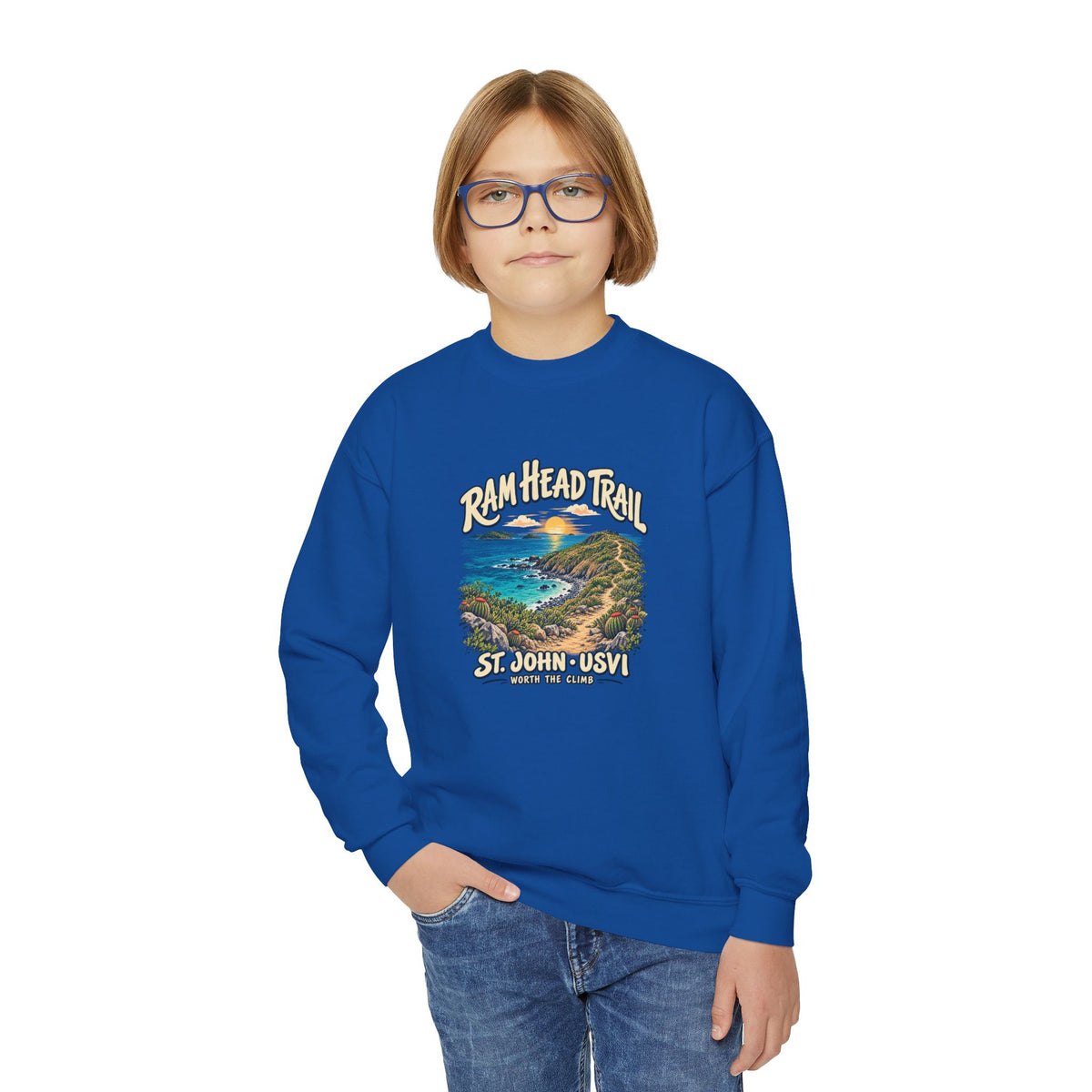 Youth model wearing a Gildan 18000B sweatshirt with Ram Head Trail St John USVI coastal artwork.