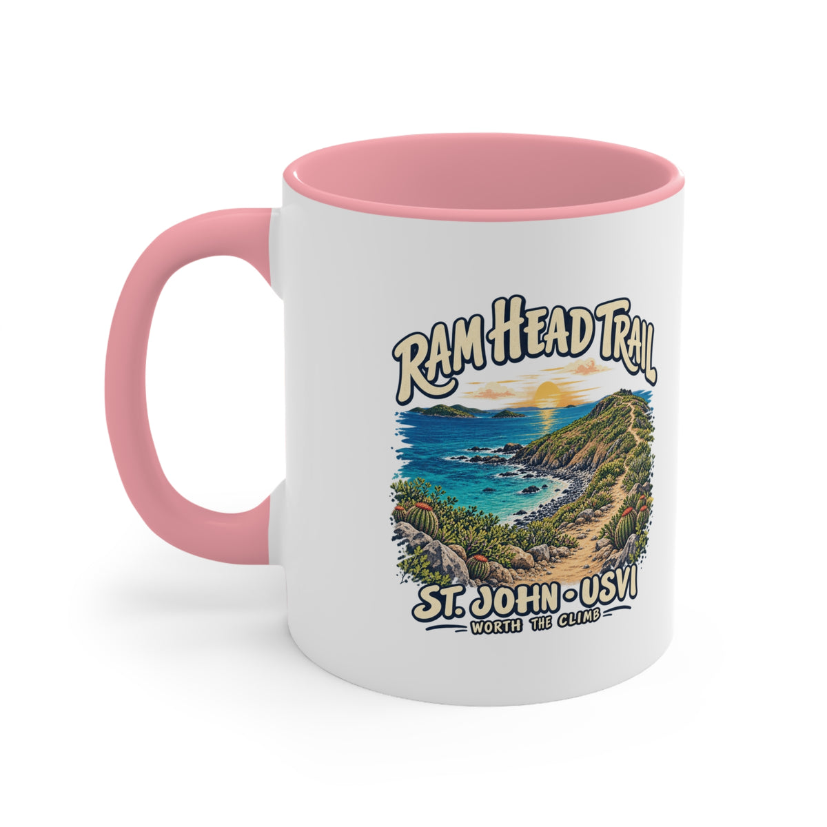 Ram Head Trail St John USVI coastal artwork on the printed side of a ceramic accent coffee mug.