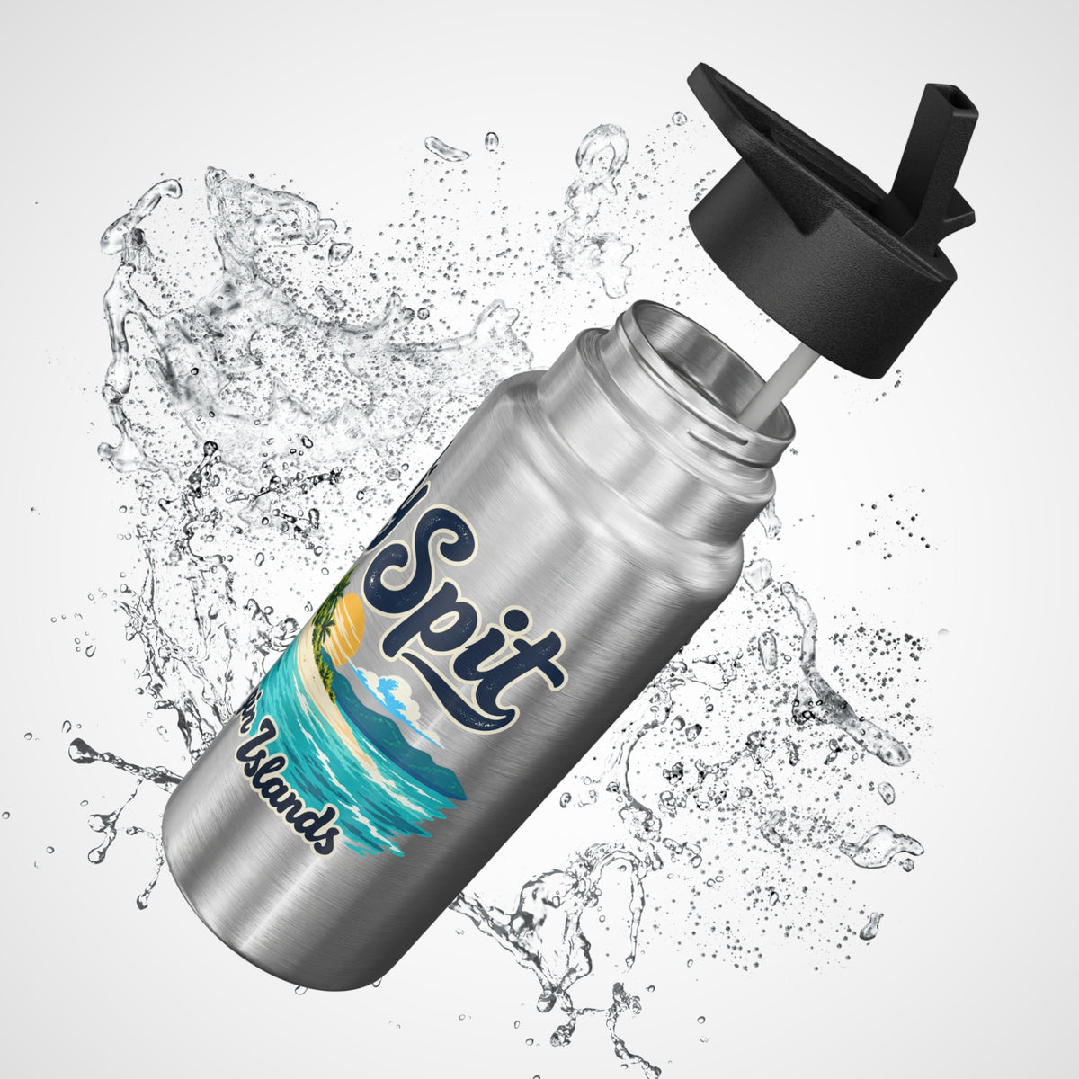 Sandy Spit BVI artwork on a silver Gator 32-ounce tumbler with black lid in a product mockup.