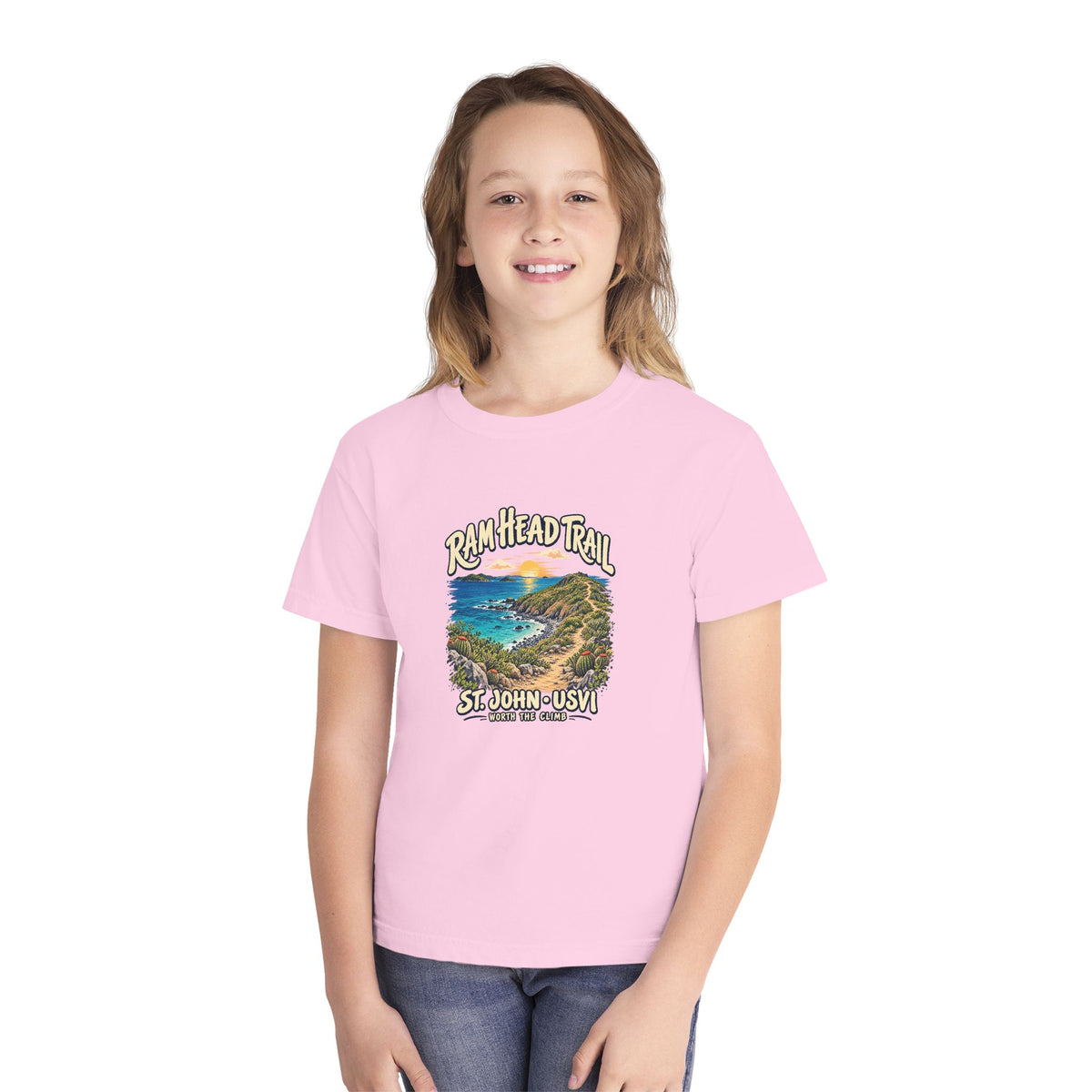 Youth model wearing a Comfort Colors 9018 tee with Ram Head Trail St John USVI coastal artwork.
