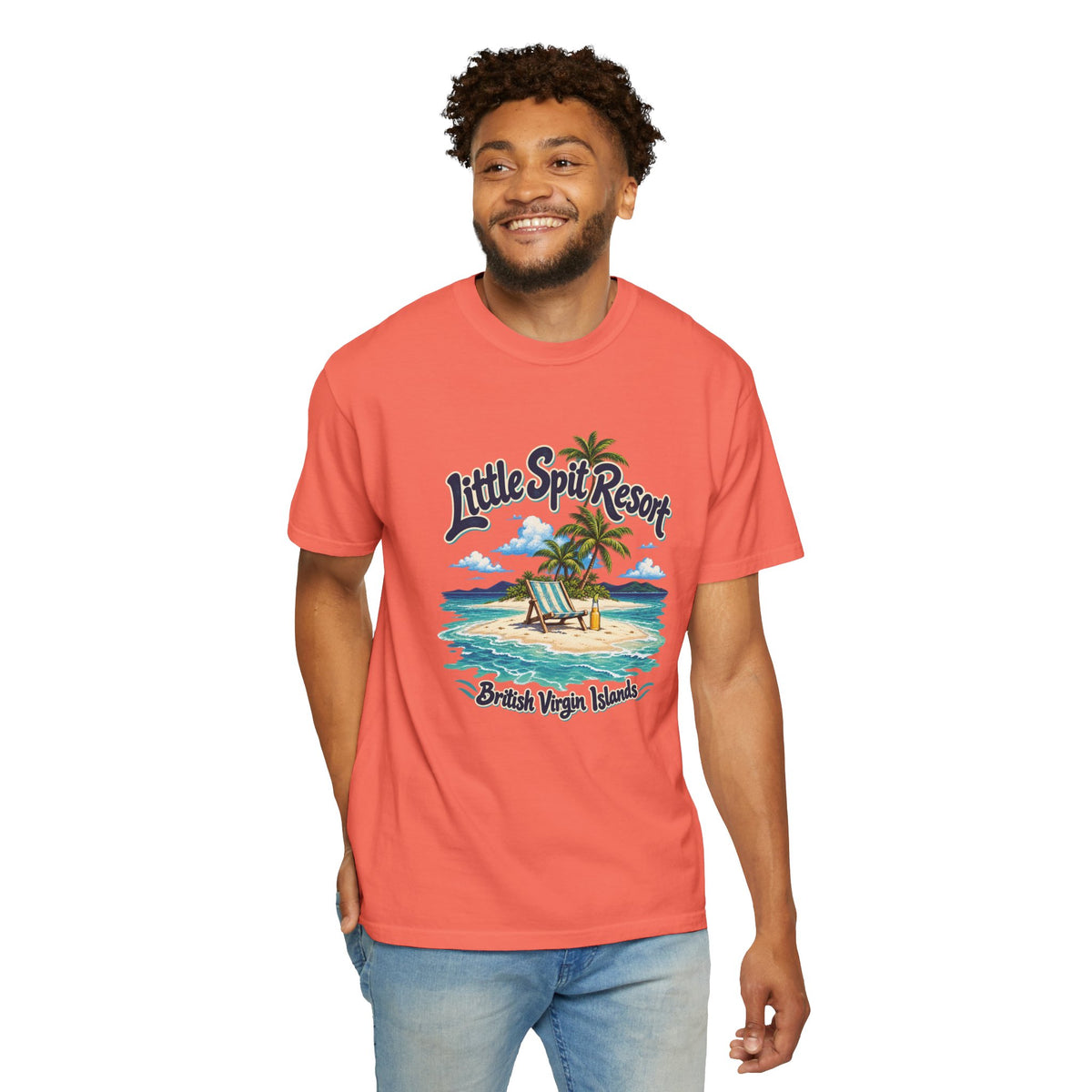 Model wearing the Little Spit Resort BVI Comfort Colors 1717 T-shirt with a playful beach-chair, palm-tree, and bottle illustration.
