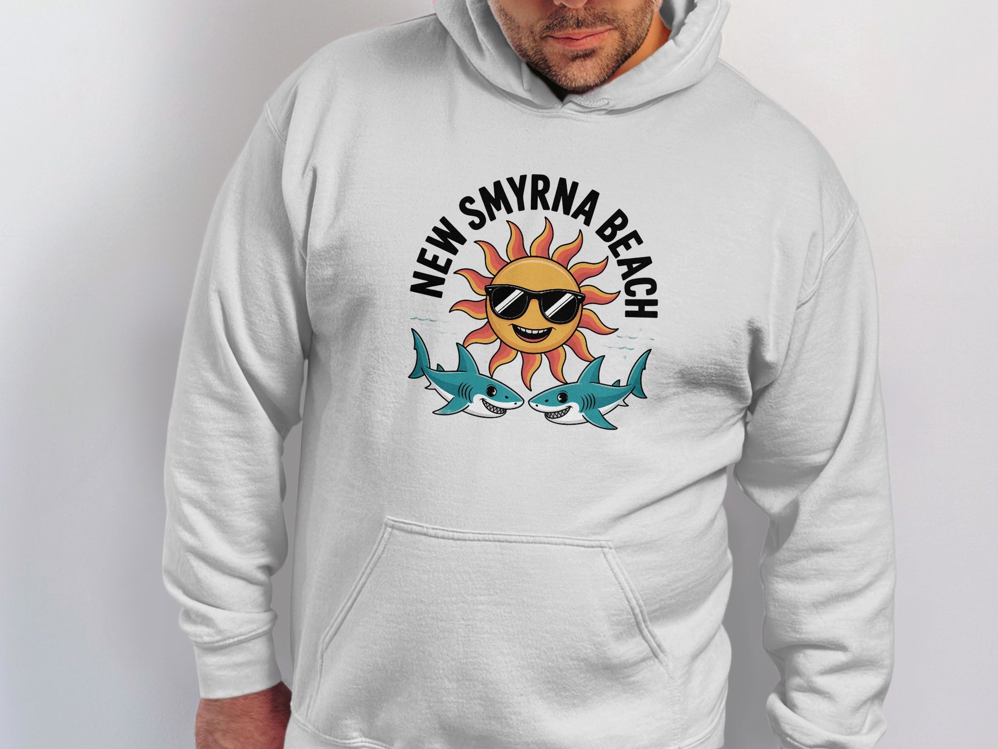 New Smyrna Beach Hoodie with Sun and Sharks product type