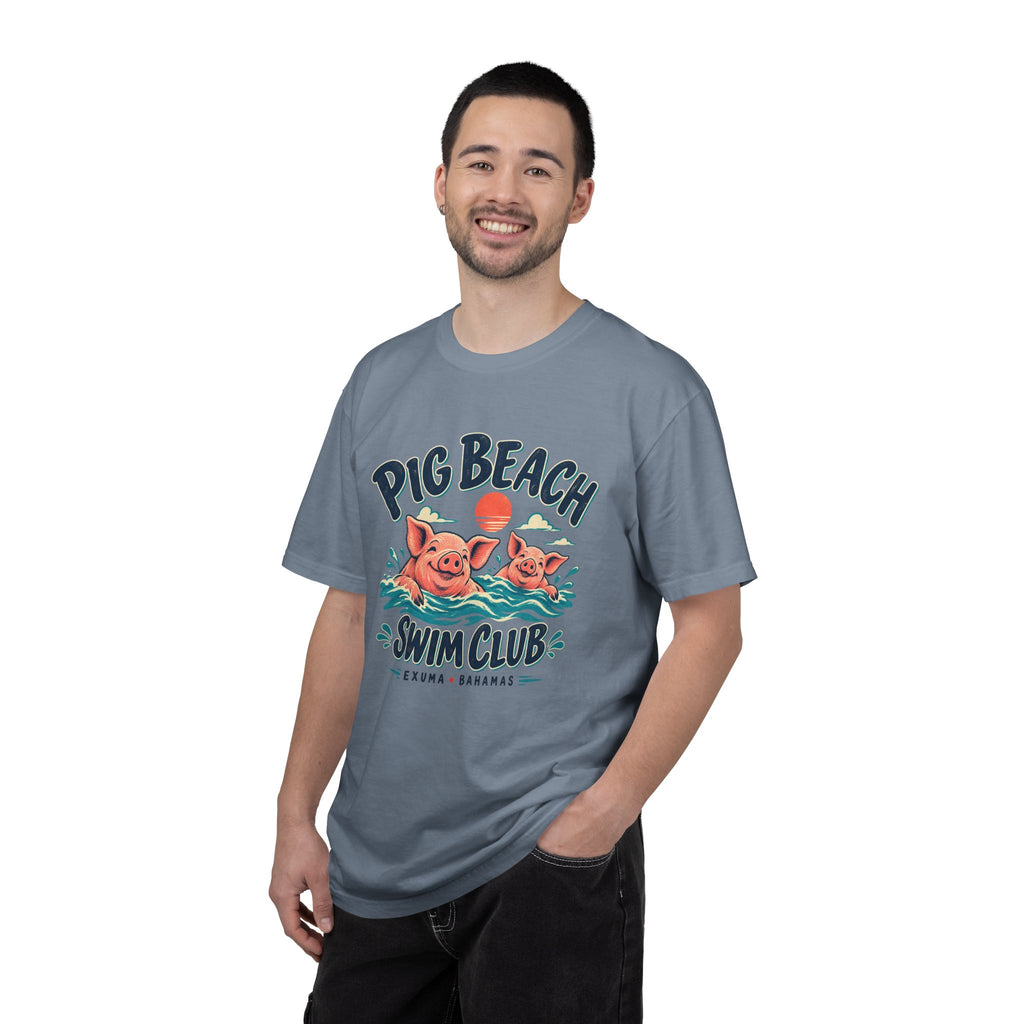 Model wearing the Pig Beach Swim Club Exuma Bahamas Comfort Colors 1717 T-shirt.