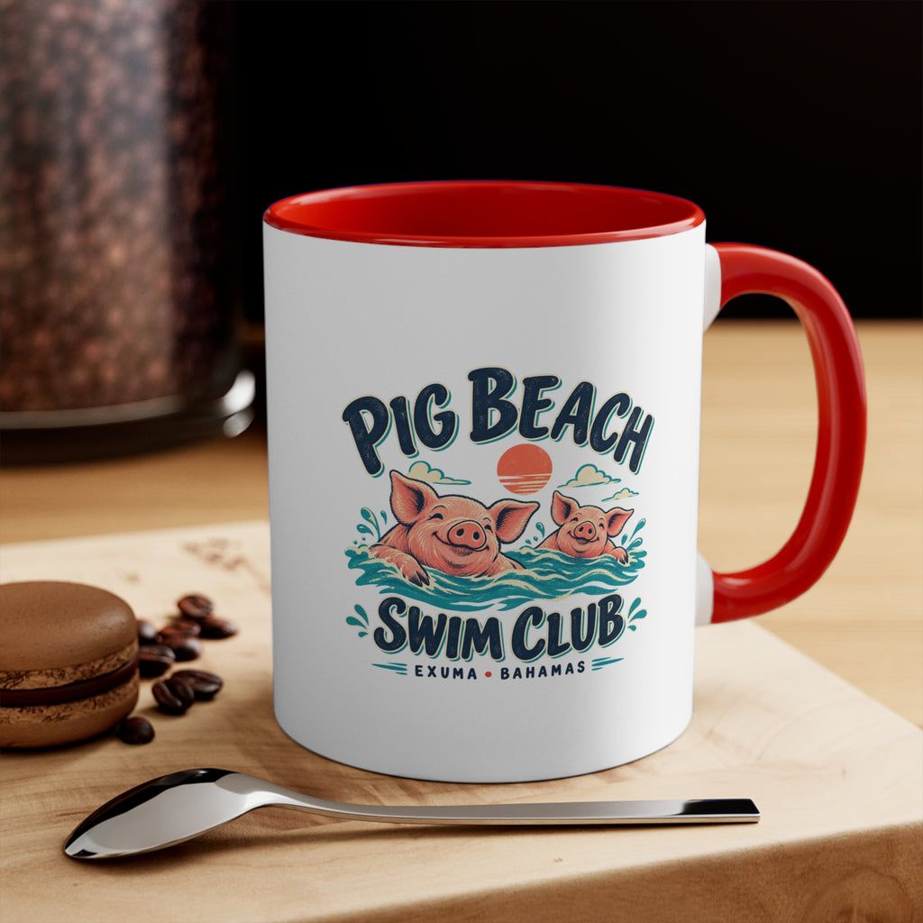 Pig Beach Swim Club Exuma Bahamas accent mug with colorful swimming-pig artwork printed on both sides.
