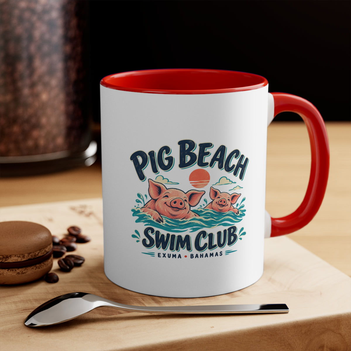 Pig Beach Swim Club Exuma Bahamas accent mug with colorful swimming-pig artwork printed on both sides.