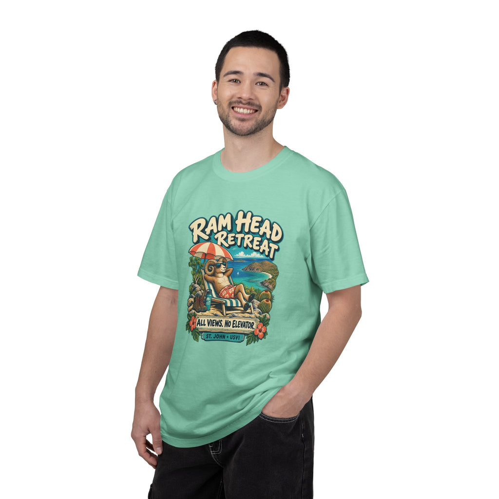 Model wearing a Comfort Colors 1717 T-shirt with the Ram Head Retreat lounging ram illustration and St. John USVI lettering.