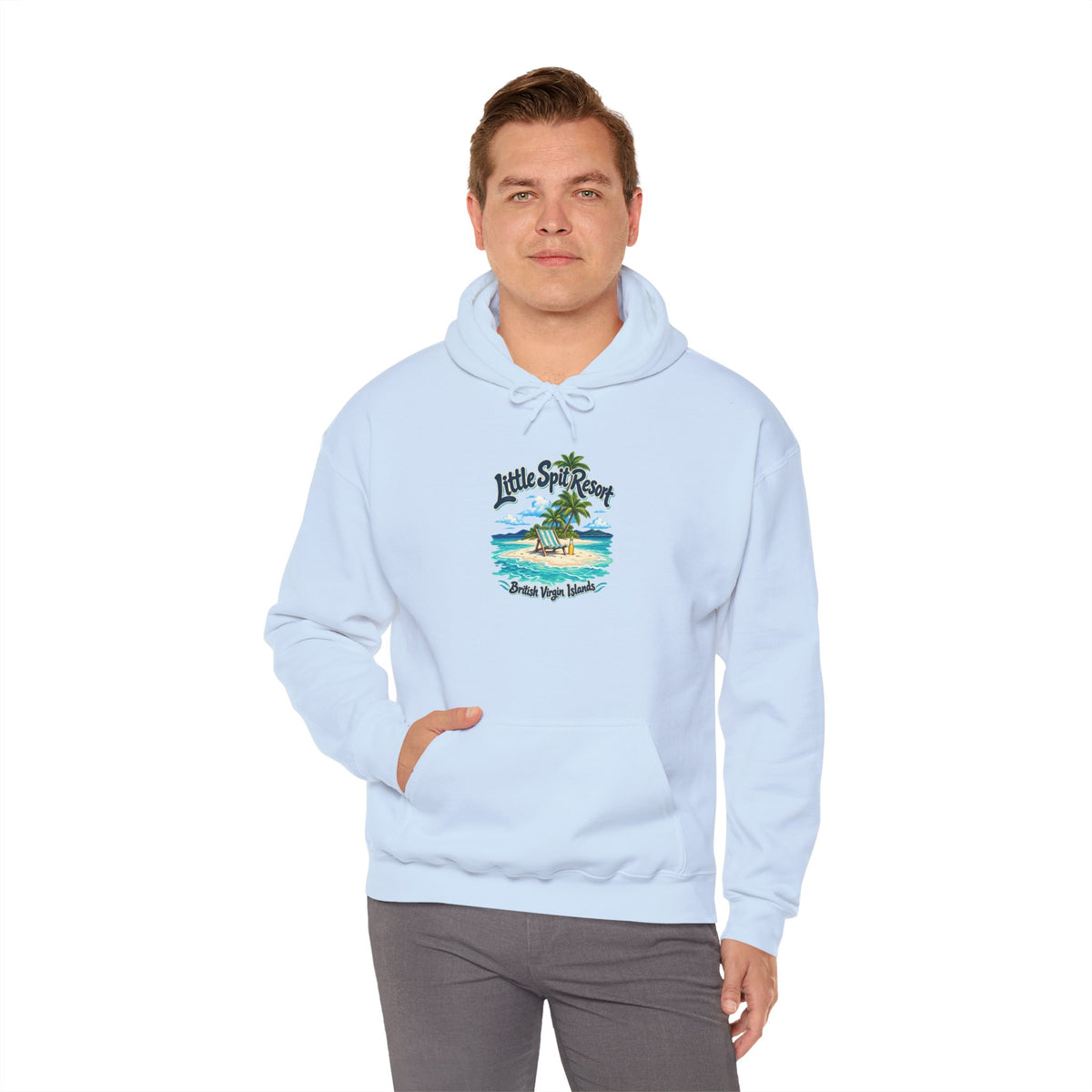 Model wearing the Little Spit Resort BVI Gildan 18500 hoodie with the beach-chair and palm-tree island graphic.