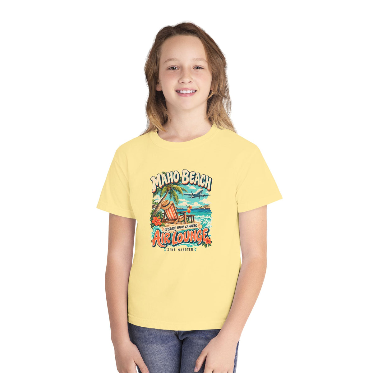 Maho Beach Air Lounge Sint Maarten Comfort Colors 9018 Youth T-Shirt featuring the Maho Beach destination artwork, supplier product mockup