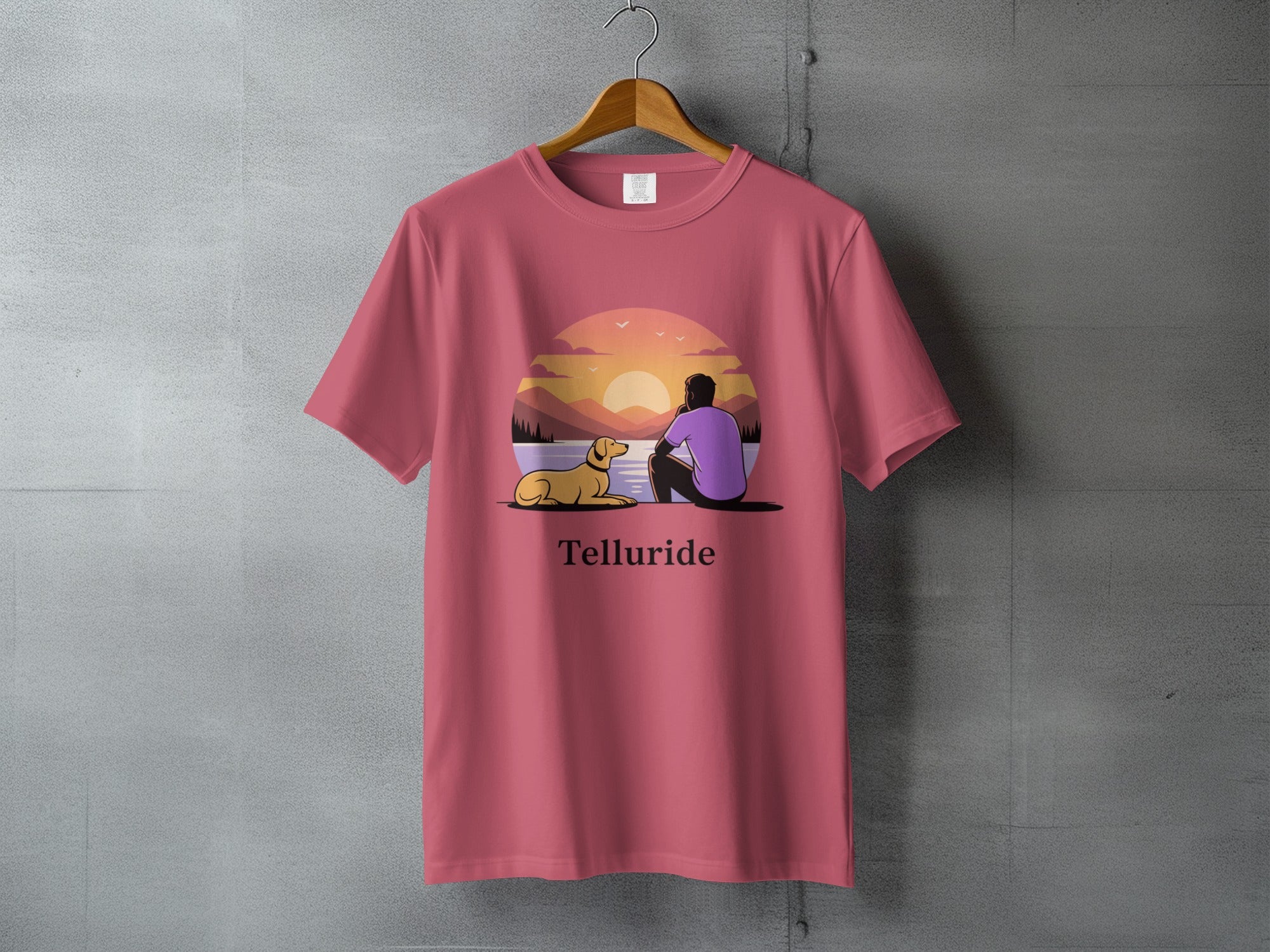 Telluride Dog and Man Watching Sunset T-Shirt
