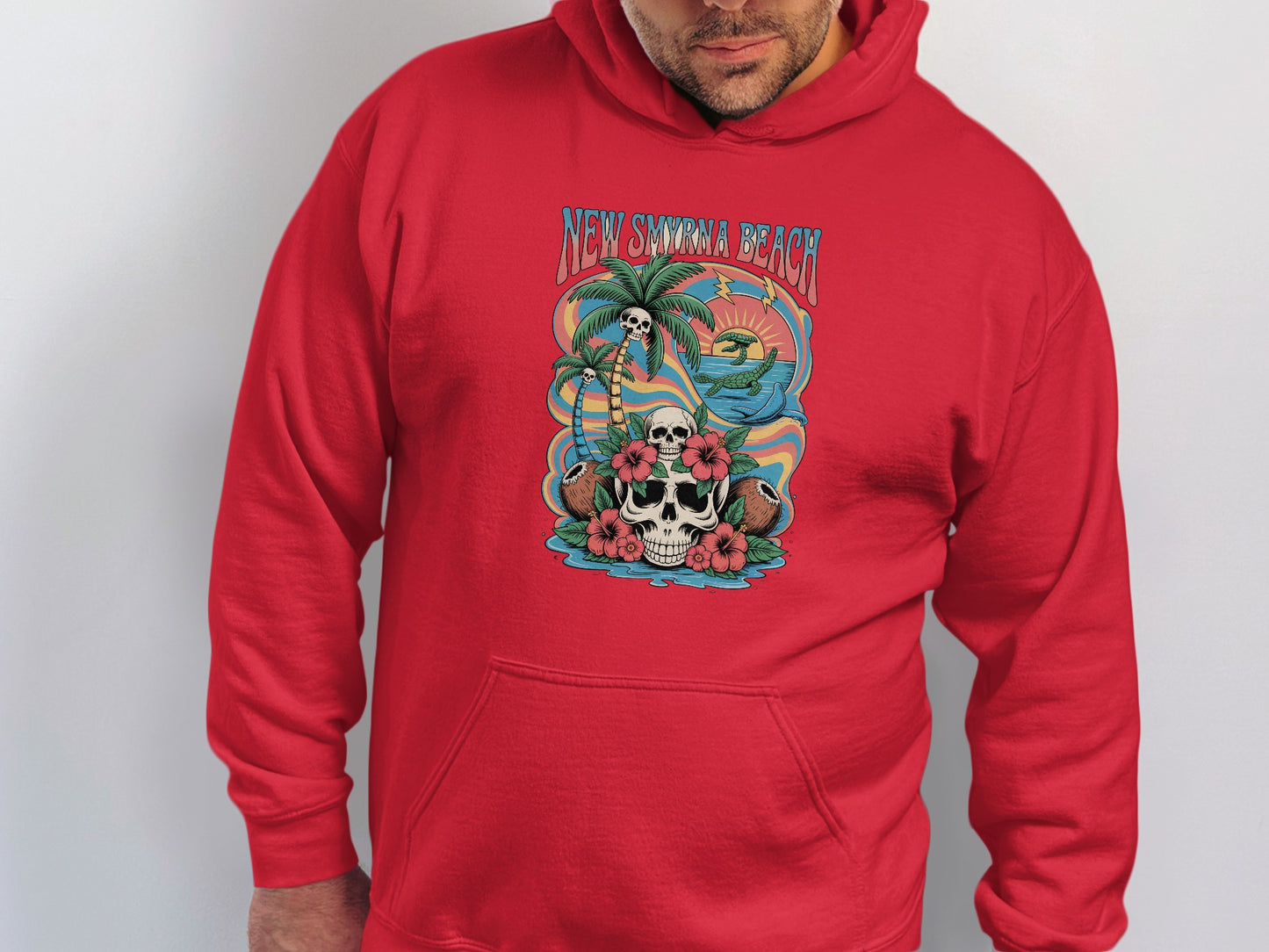 New Smyrna Beach skull palm tree graphic hoodie product