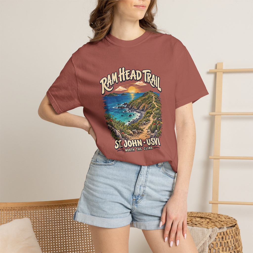 Model wearing a Comfort Colors 1717 T-shirt with the Ram Head Trail coastal illustration and St. John USVI lettering on the front.