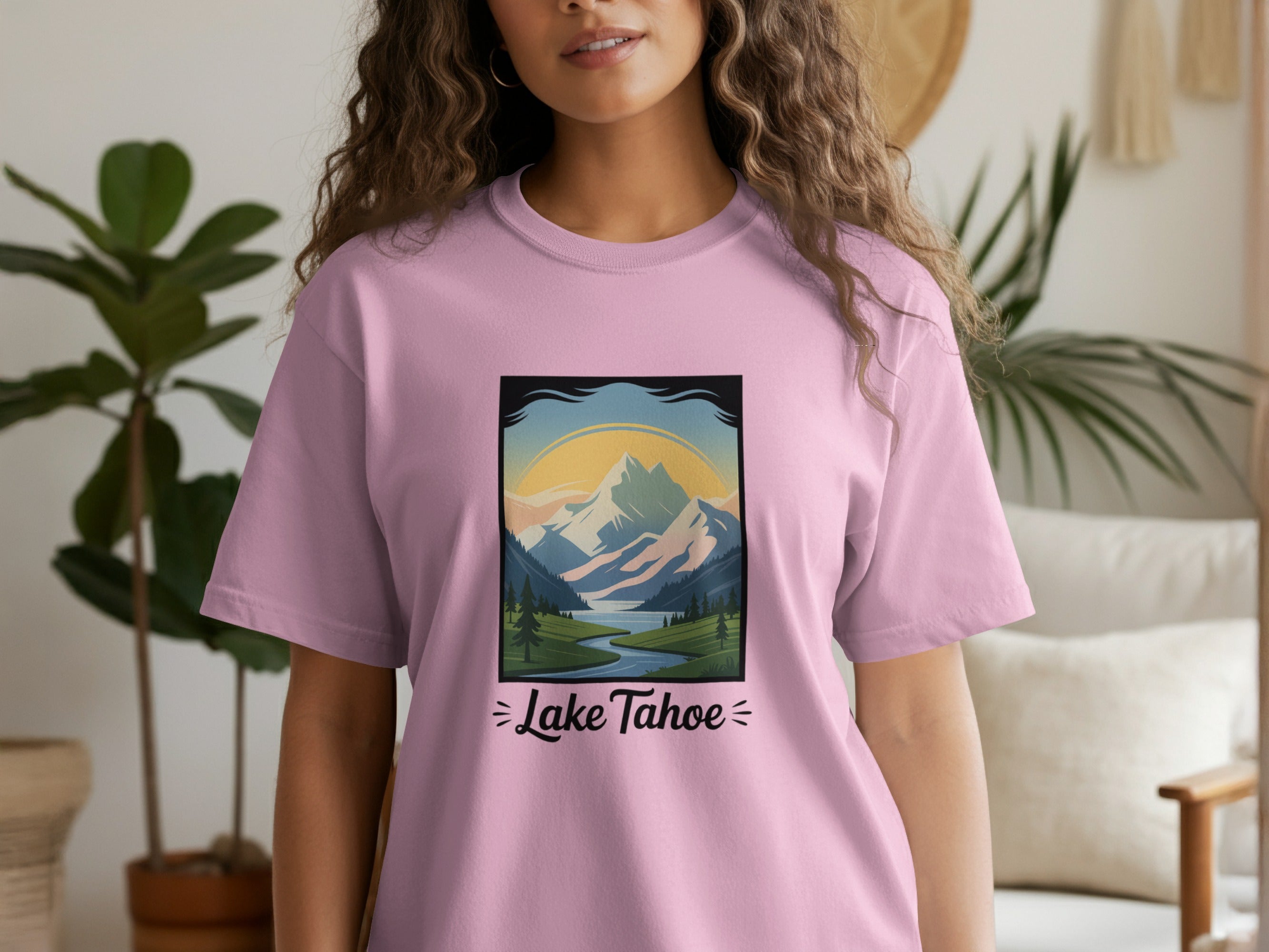 Lake Tahoe Scenic Graphic Printed Pink T-Shirt product type