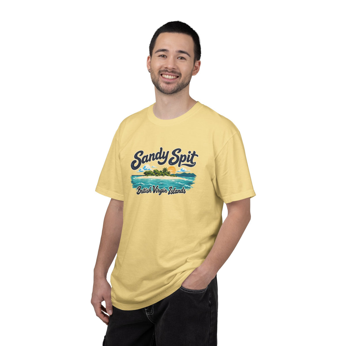 Model wearing the Sandy Spit BVI Comfort Colors 1717 T-shirt with colorful palm-tree island artwork and British Virgin Islands lettering.