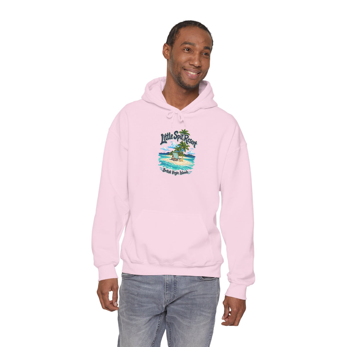 Model wearing the Little Spit Resort BVI Gildan 18500 hoodie with the beach-chair and palm-tree island graphic.