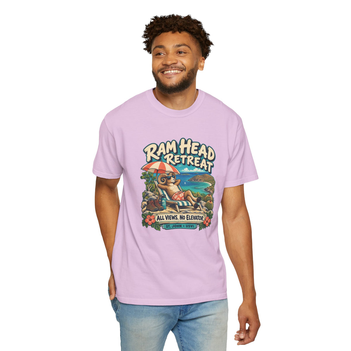 Model wearing a Comfort Colors 1717 T-shirt with the Ram Head Retreat lounging ram illustration and St. John USVI lettering.