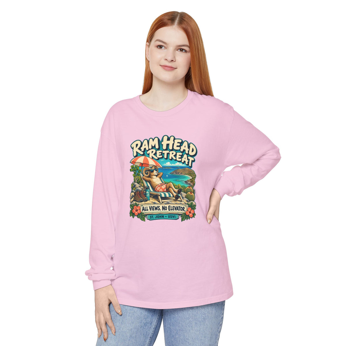 Model wearing Ram Head Retreat St John USVI Comfort Colors 6014 Long-Sleeve T-Shirt with the lounging ram retreat design.