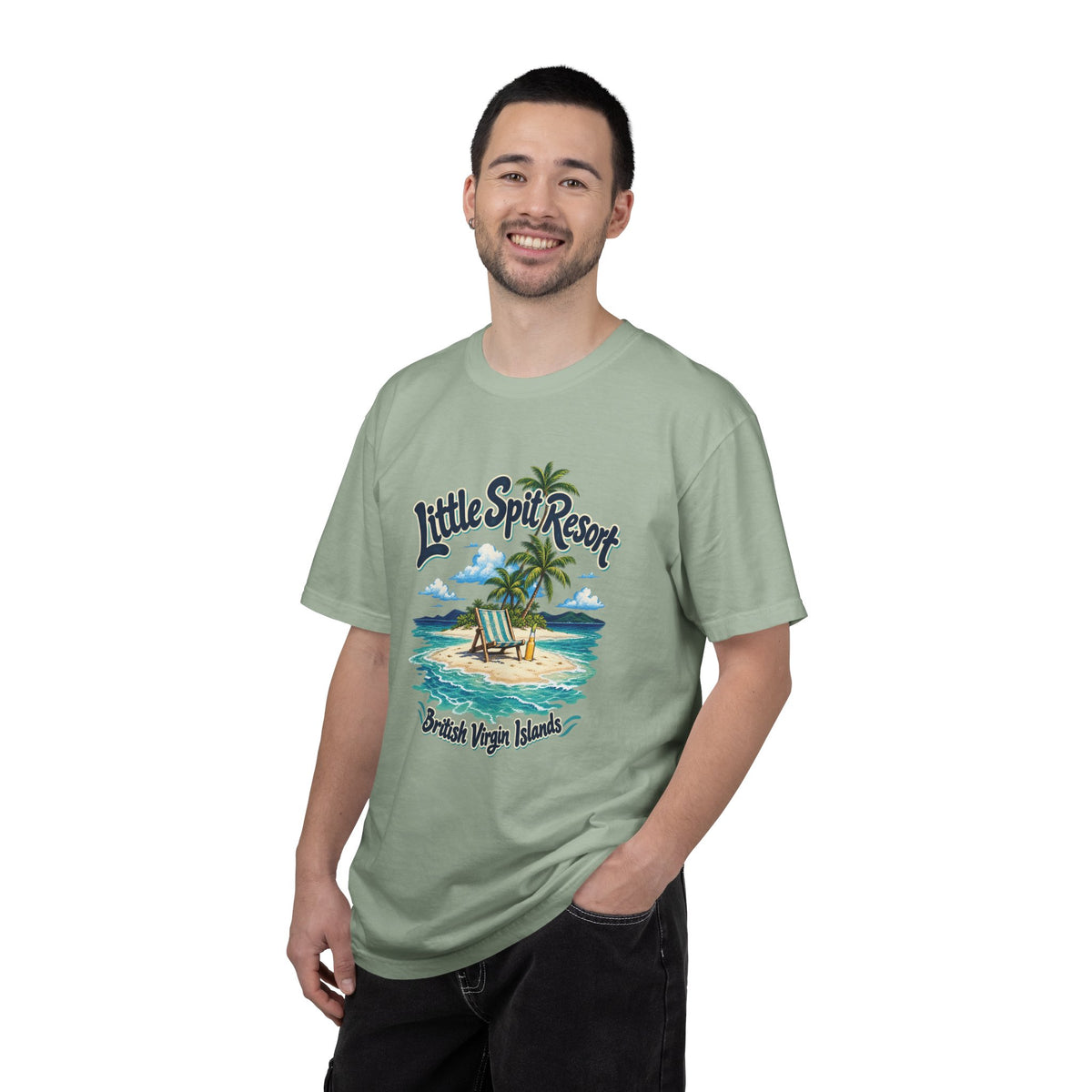 Model wearing the Little Spit Resort BVI Comfort Colors 1717 T-shirt with a playful beach-chair, palm-tree, and bottle illustration.