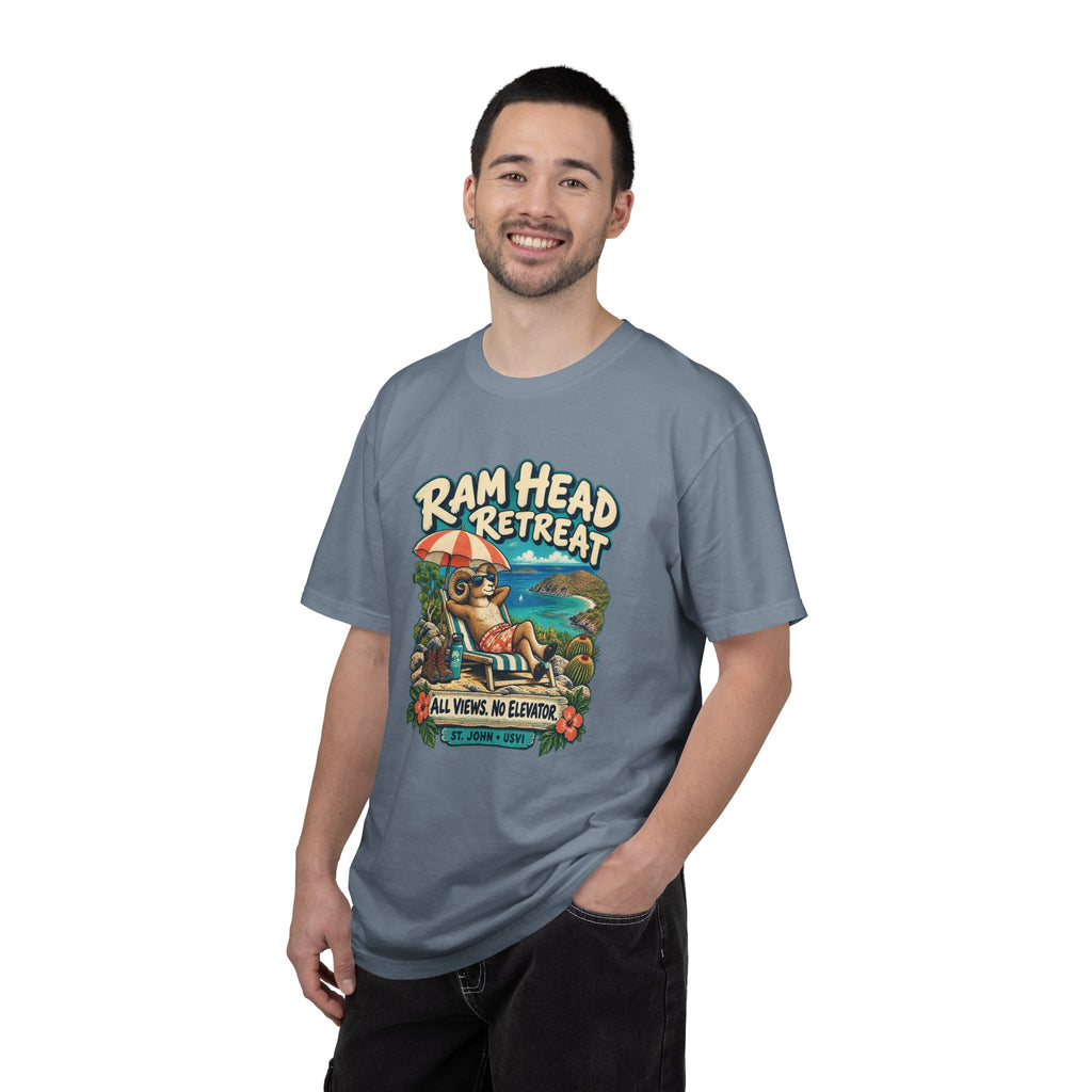 Model wearing a Comfort Colors 1717 T-shirt with the Ram Head Retreat lounging ram illustration and St. John USVI lettering.