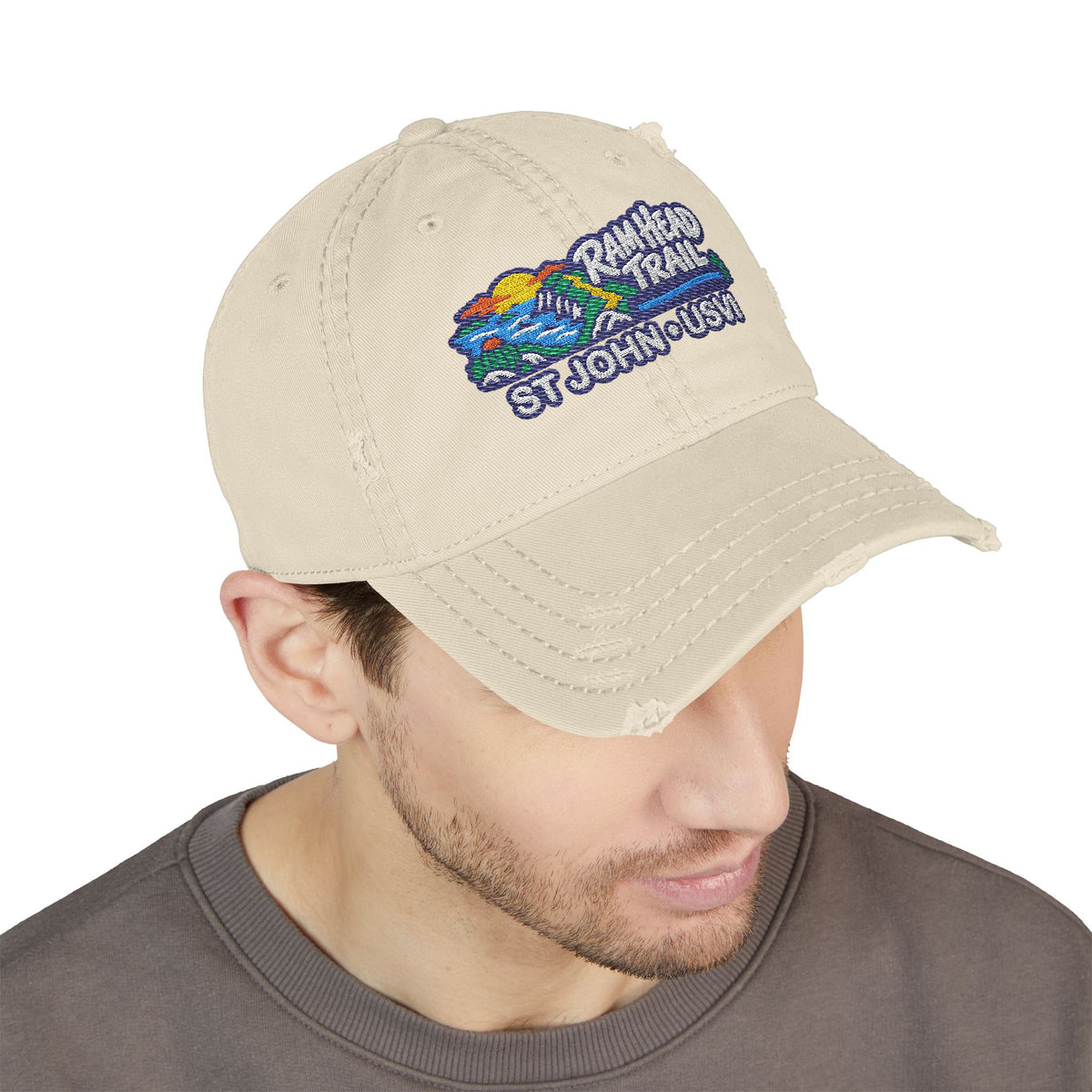 Ram Head Trail St John USVI embroidered distressed dad hat, Khaki worn by male model