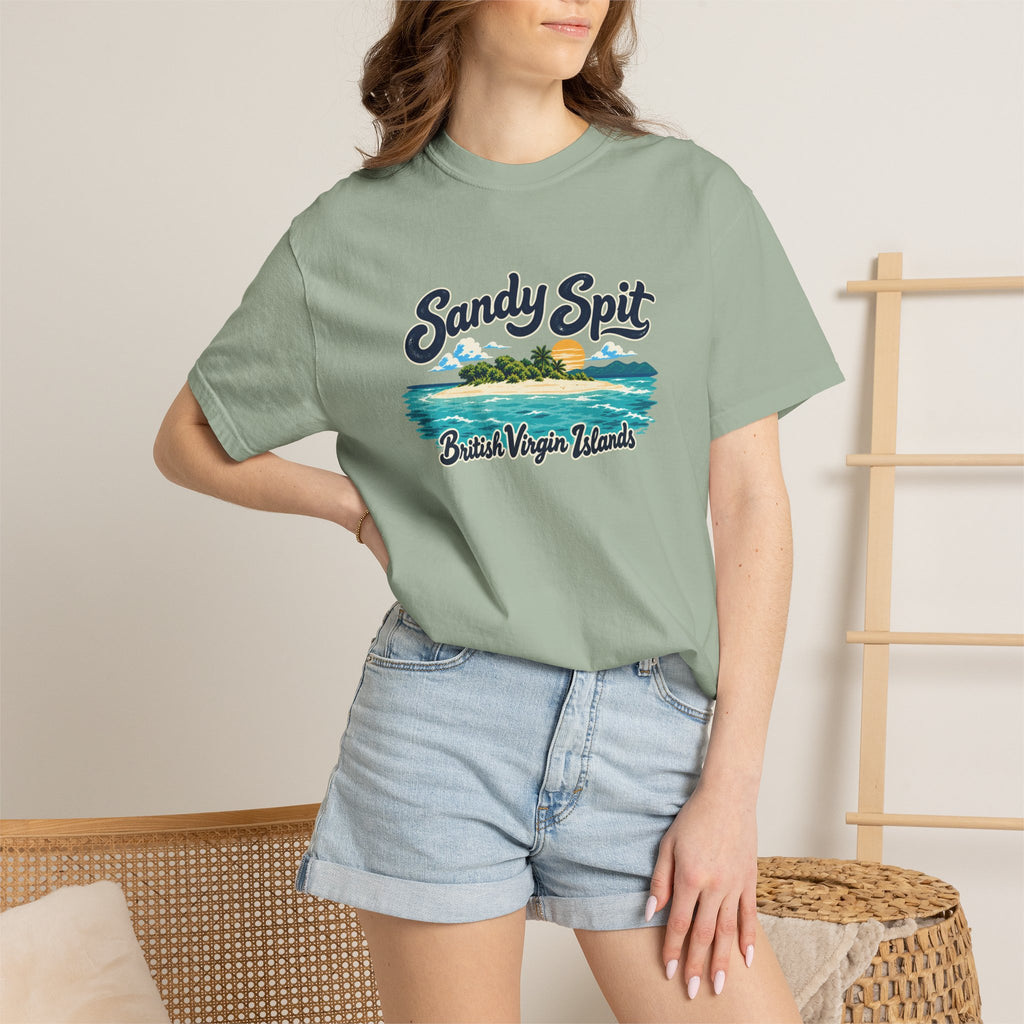 Model wearing the Sandy Spit BVI Comfort Colors 1717 T-shirt with colorful palm-tree island artwork and British Virgin Islands lettering.
