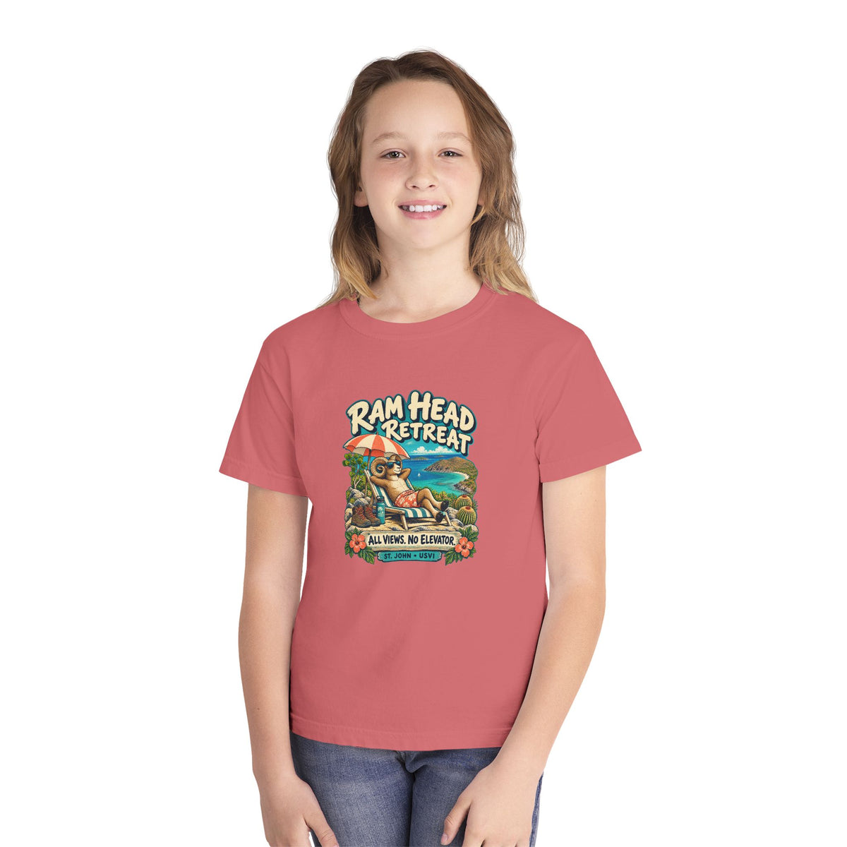 Model wearing Ram Head Retreat St John USVI Comfort Colors 9018 Youth T-Shirt with the lounging ram retreat design.