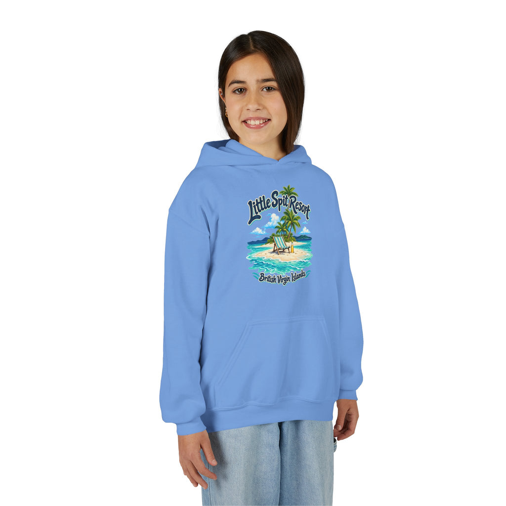 Young model wearing the Little Spit Resort BVI Gildan 18500B youth hoodie, front-view mockup.