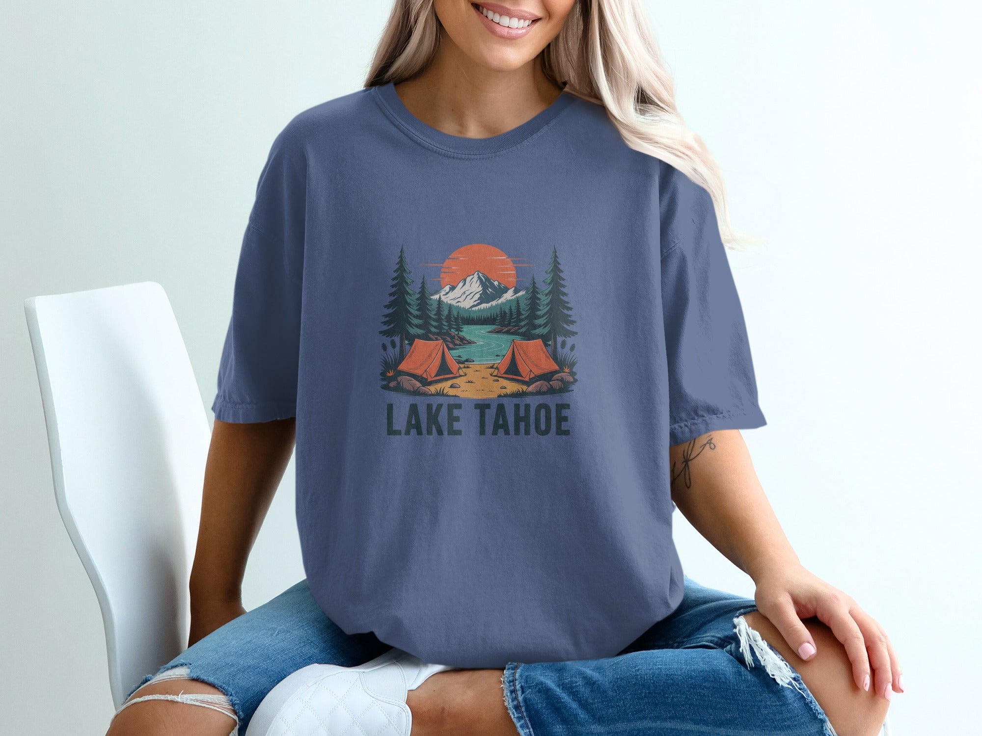 Lake Tahoe Camping Scene Graphic Tee Shirt product type