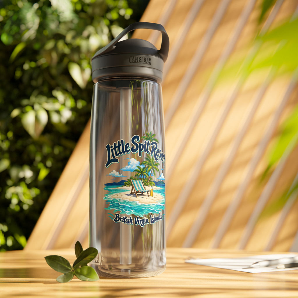 Little Spit Resort BVI tropical artwork on a charcoal CamelBak Eddy 25-ounce water bottle in a lifestyle product mockup.