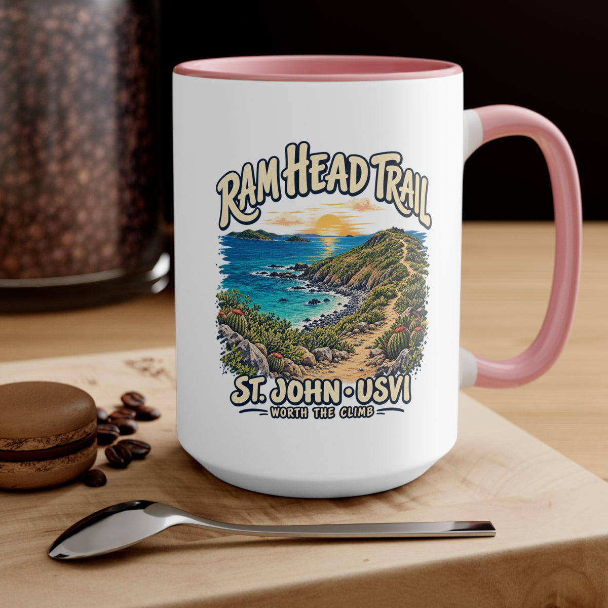 Ram Head Trail St John USVI coastal artwork on the printed side of a ceramic accent coffee mug.
