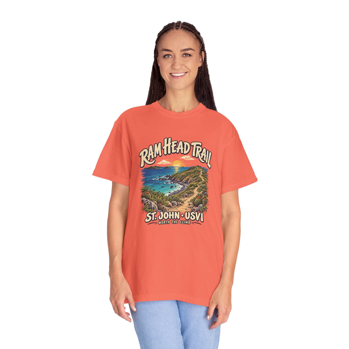 Model wearing a Comfort Colors 1717 T-shirt with the Ram Head Trail coastal illustration and St. John USVI lettering on the front.