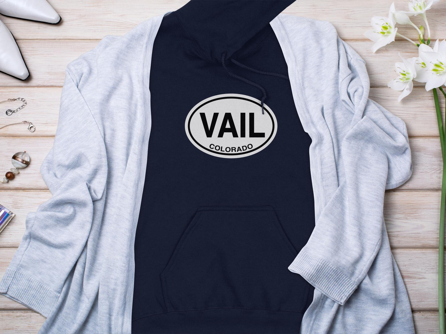 Vail  Oval Logo Vacation Travel Hoodie Gift Souvenir Sport Grey 