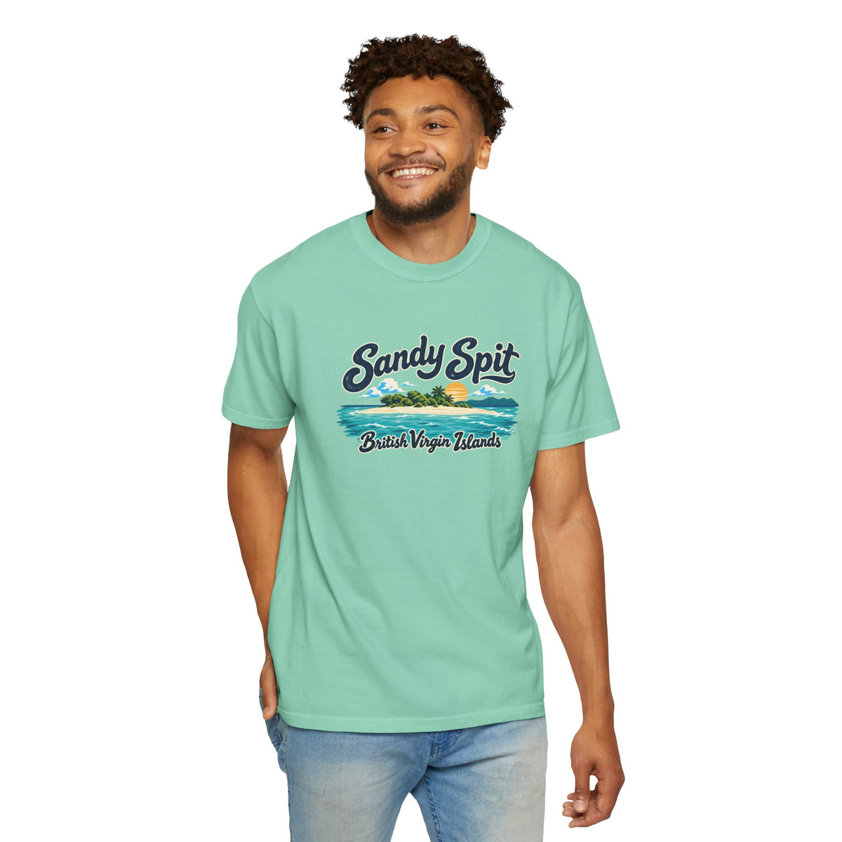 Model wearing the Sandy Spit BVI Comfort Colors 1717 T-shirt with colorful palm-tree island artwork and British Virgin Islands lettering.