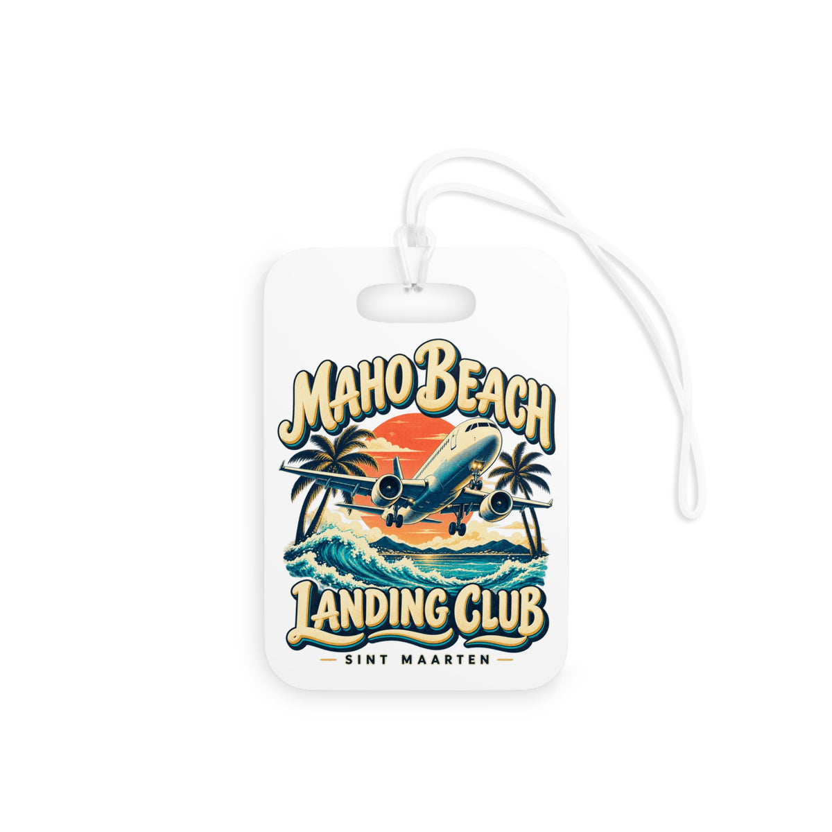 Maho Beach Landing Club Sint Maarten Double-Sided Luggage Tag illustrated destination design, product mockup