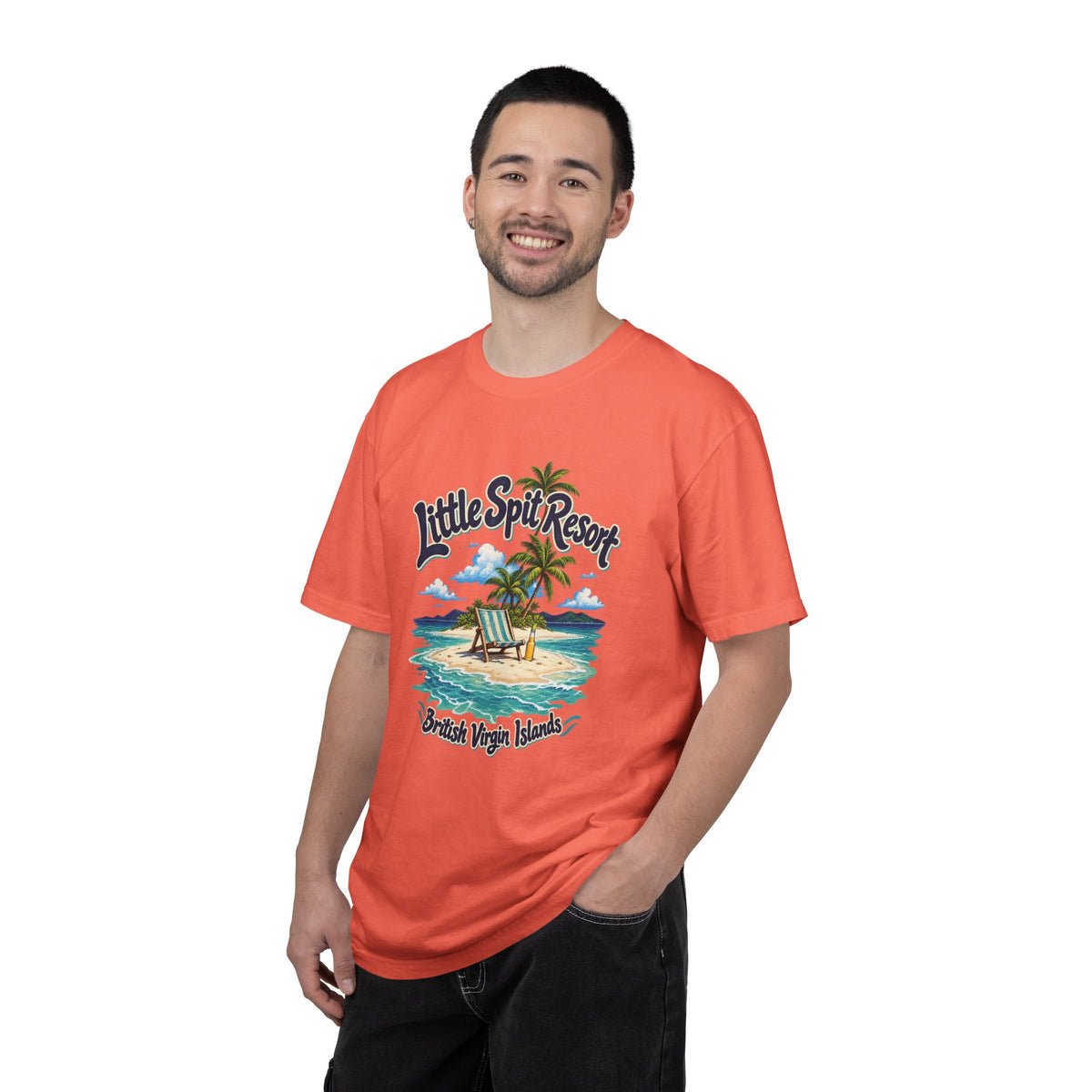 Model wearing the Little Spit Resort BVI Comfort Colors 1717 T-shirt with a playful beach-chair, palm-tree, and bottle illustration.