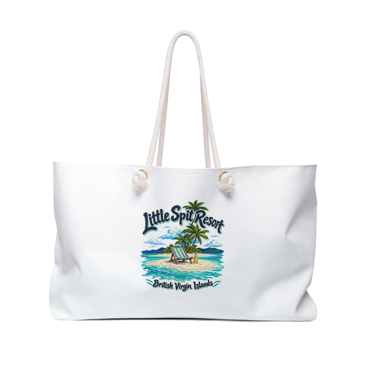 Little Spit Resort BVI Weekender Bag with island artwork and cream rope handles, front view.