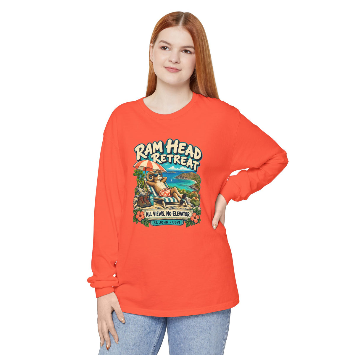 Model wearing Ram Head Retreat St John USVI Comfort Colors 6014 Long-Sleeve T-Shirt with the lounging ram retreat design.