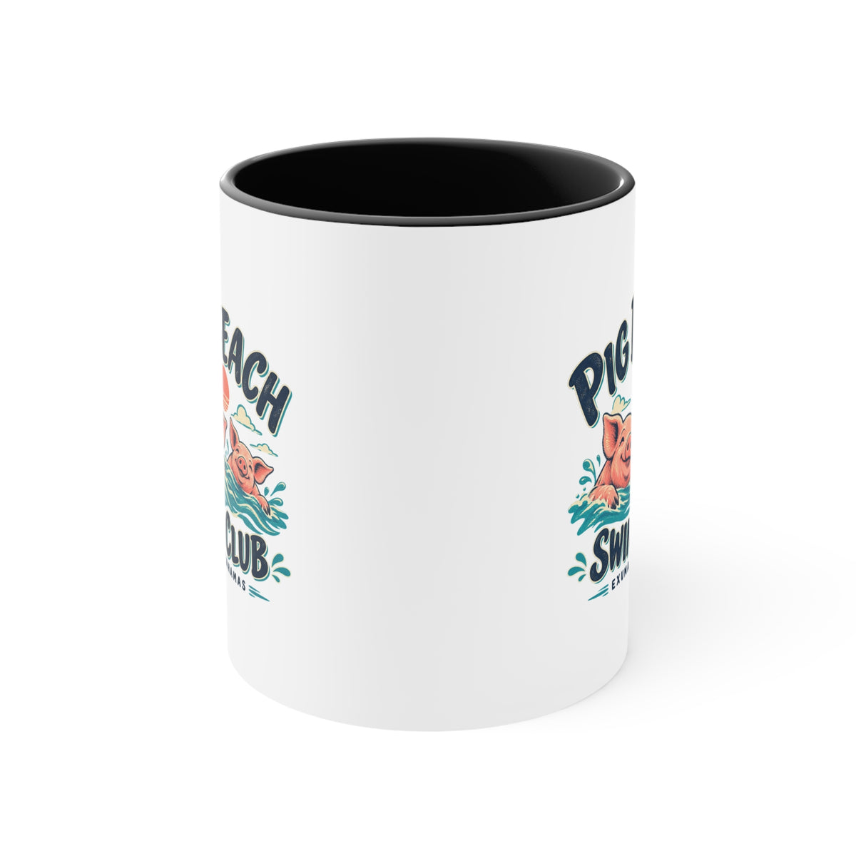 Pig Beach Swim Club Exuma Bahamas accent mug with colorful swimming-pig artwork printed on both sides.