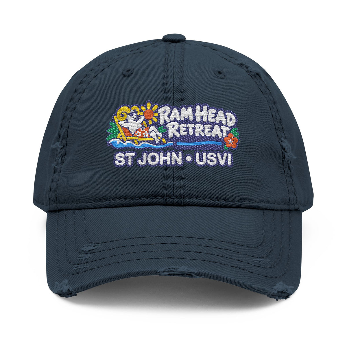 Ram Head Retreat St John USVI embroidered distressed dad hat, product and model view 4