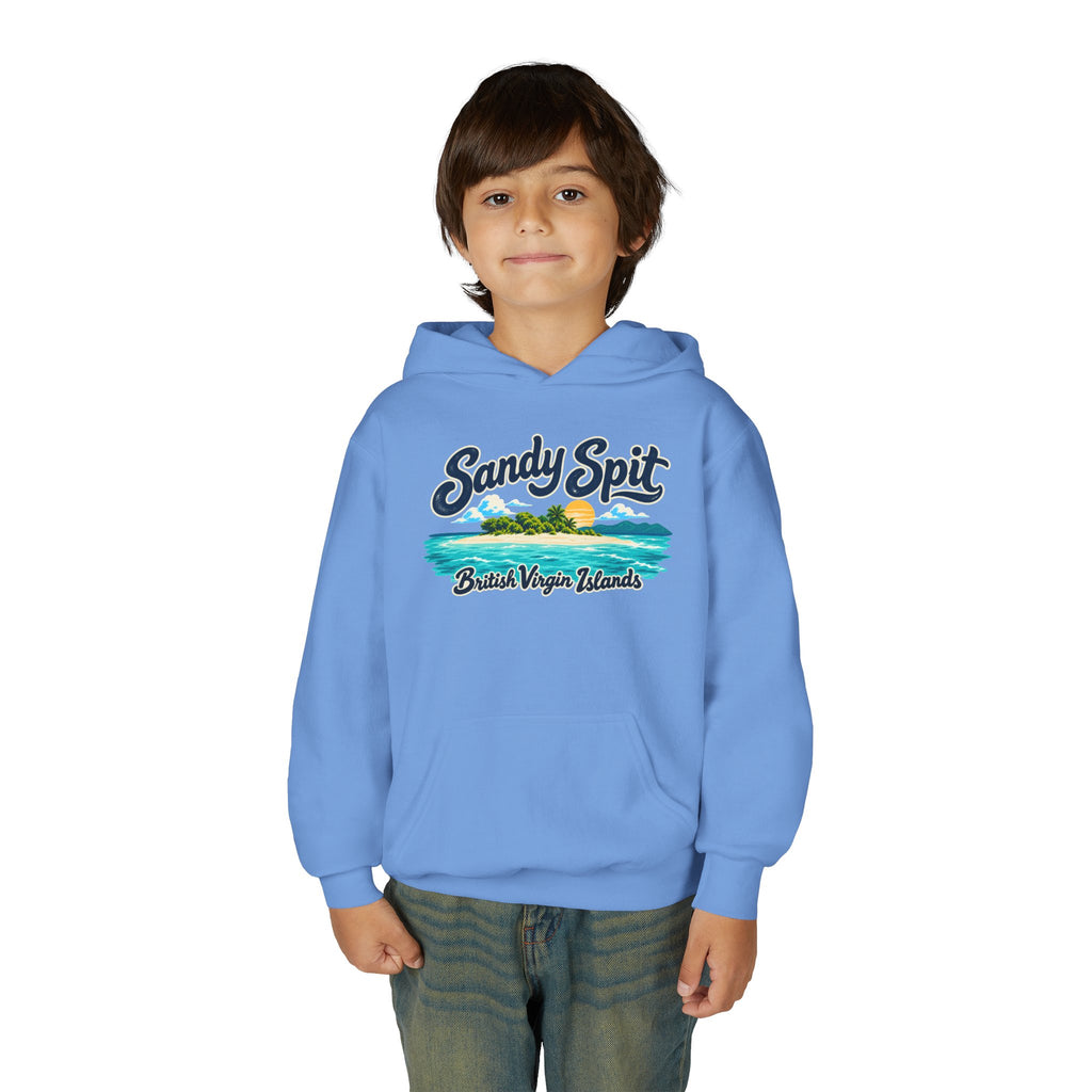 Young model wearing the Sandy Spit BVI Gildan 18500B youth hoodie, front-view mockup.