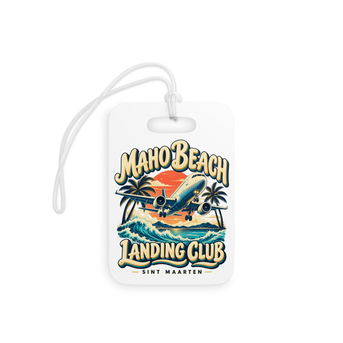 Maho Beach Landing Club Sint Maarten Double-Sided Luggage Tag illustrated destination design, product mockup