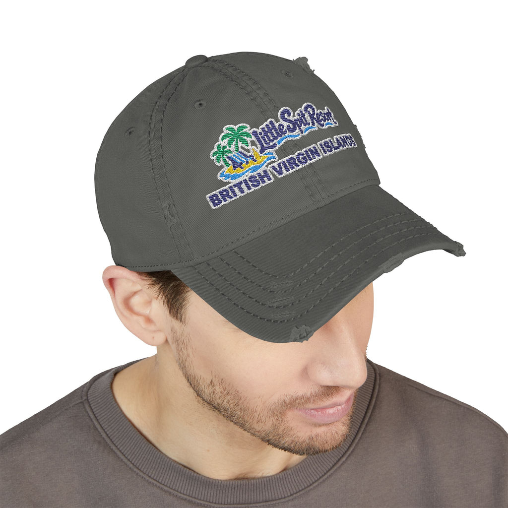 Model wearing the Little Spit Resort BVI embroidered OTTO 104-1018 distressed dad hat, front-view mockup.