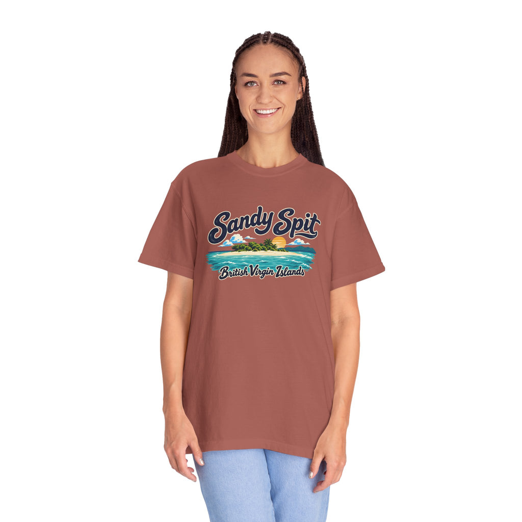 Model wearing the Sandy Spit BVI Comfort Colors 1717 T-shirt with colorful palm-tree island artwork and British Virgin Islands lettering.