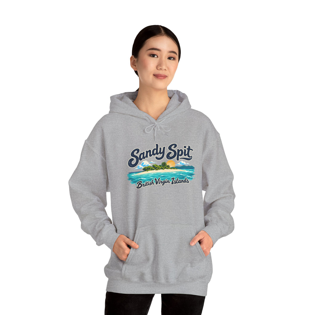 Model wearing the Sandy Spit BVI Gildan 18500 hoodie with colorful palm-tree island artwork and British Virgin Islands lettering.