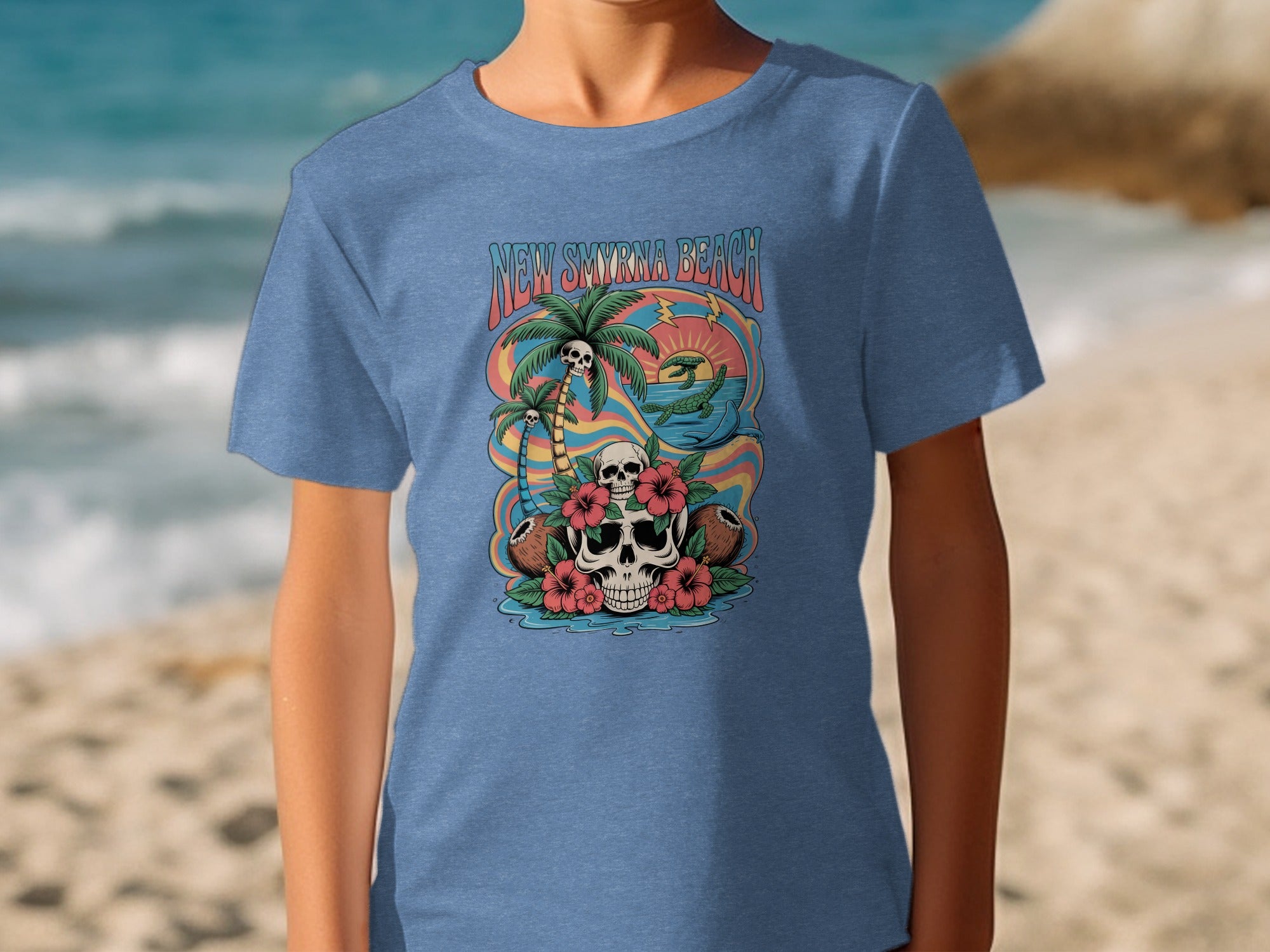 New Smyrna Beach Graphic Tee Skull and Hibiscus product type