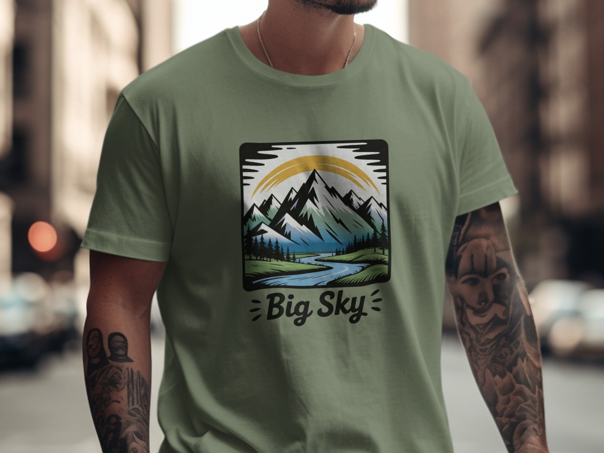 Big Sky Mountain River Graphic Design T-Shirt