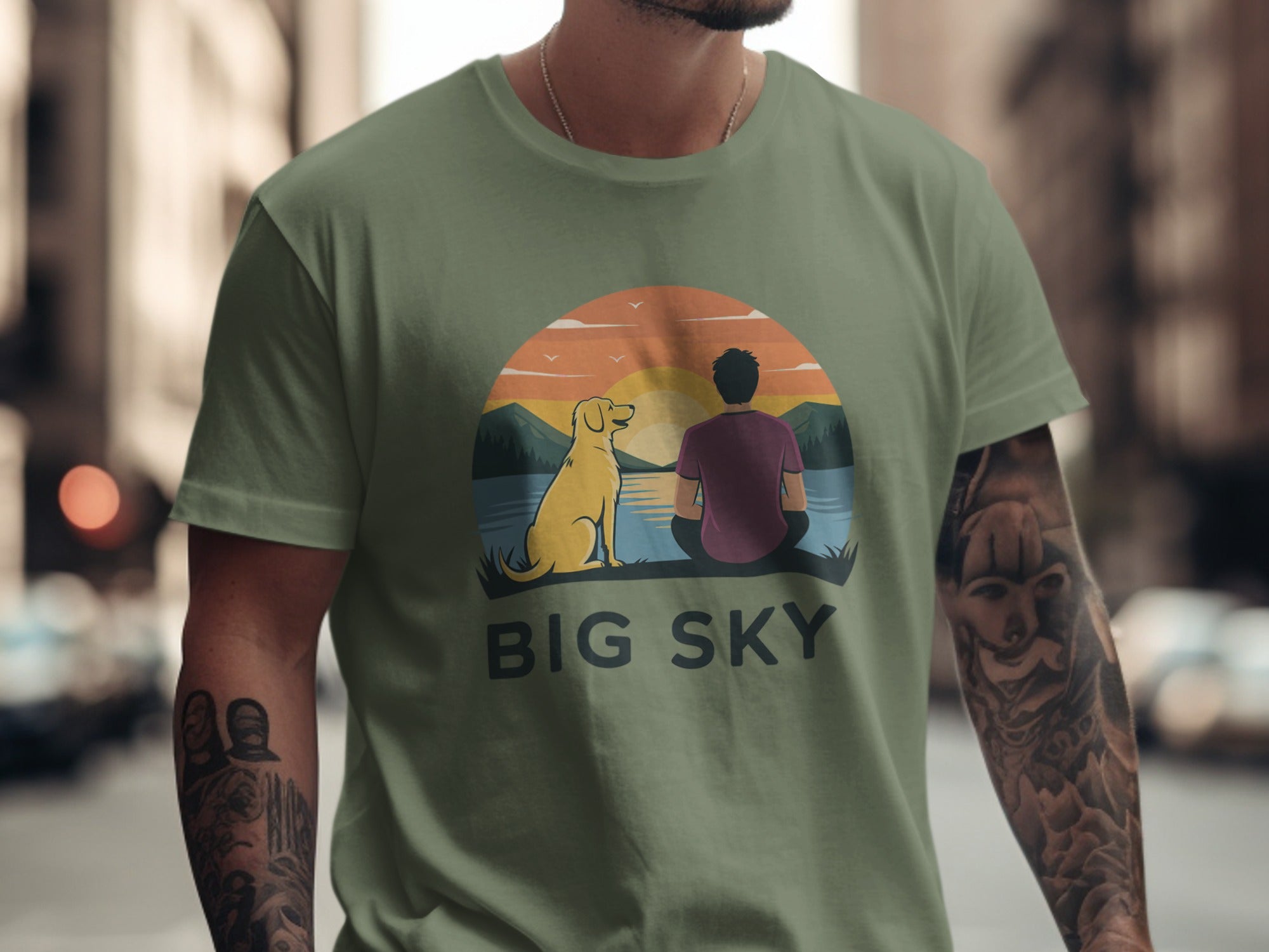 Big Sky Design with Man and Dog Graphic t-shirt