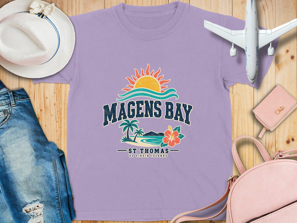 Lavender t-shirt with Magens Bay, St. Thomas graphic and beach scene.