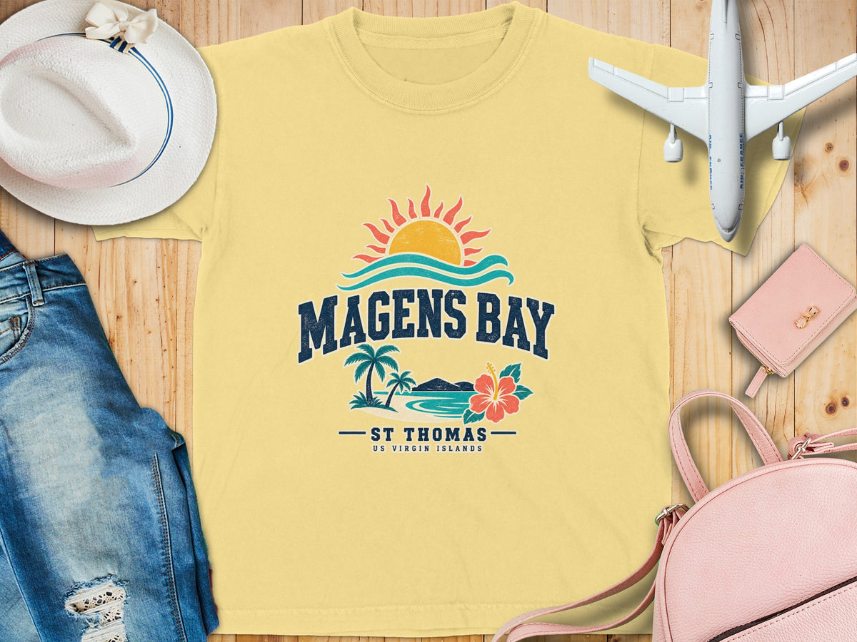 Yellow t-shirt with Magens Bay St. Thomas US Virgin Islands graphic.