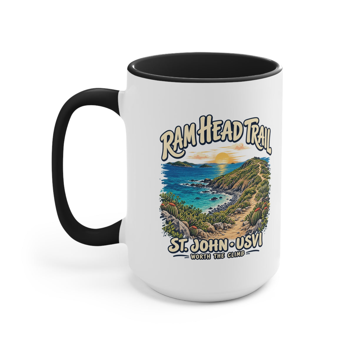 Ram Head Trail St John USVI coastal artwork on the printed side of a ceramic accent coffee mug.
